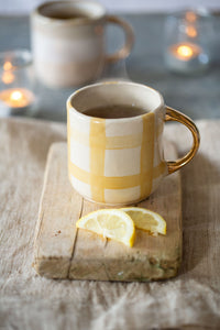 Stoneware Tall Mug Yellow Gingham Gold Handle